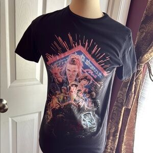 Stranger Things Black Graphic T-Shirt with Colorful Design
